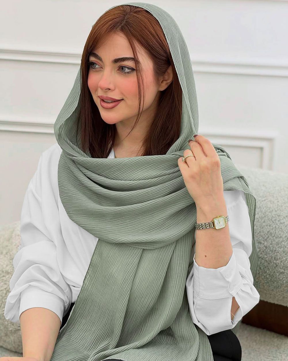 شال نخی پلیسه زنانه 5954 - سبز دریایی