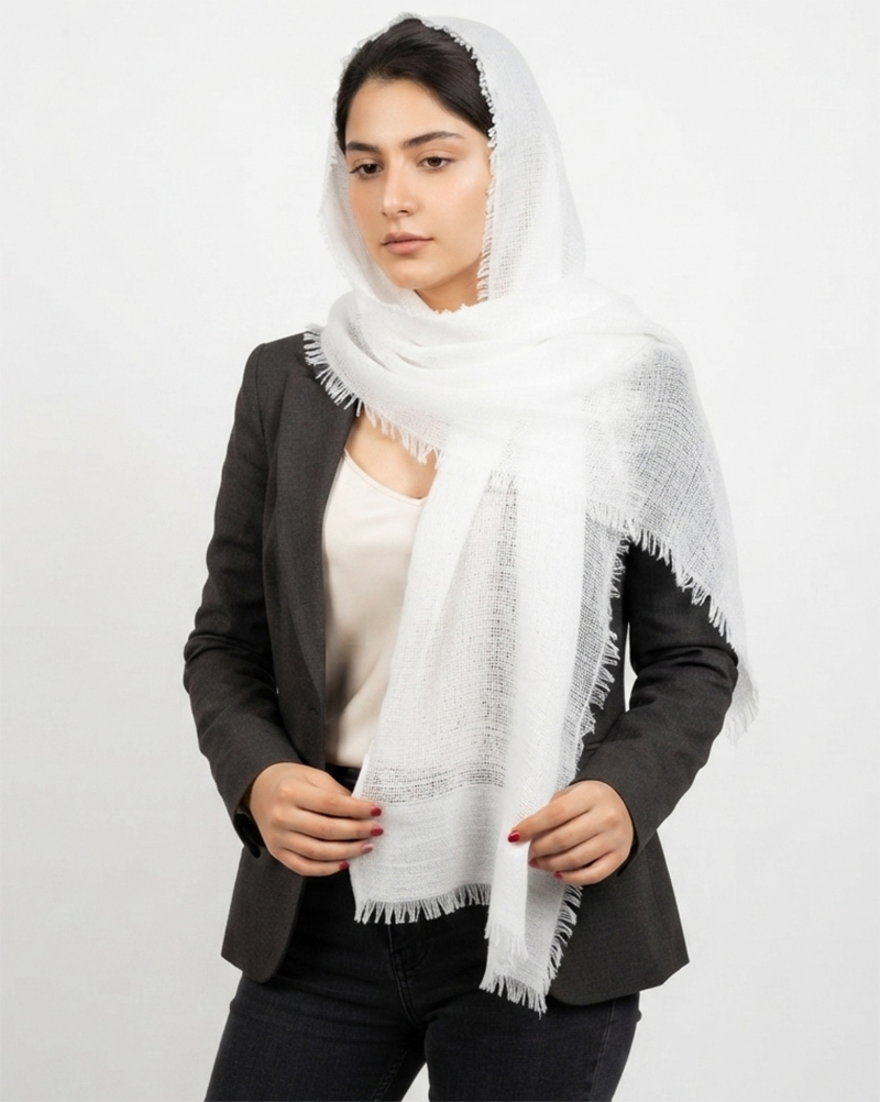 شال نخی حصیری دوتکه تابستانه زنانه 5955 - سفید
