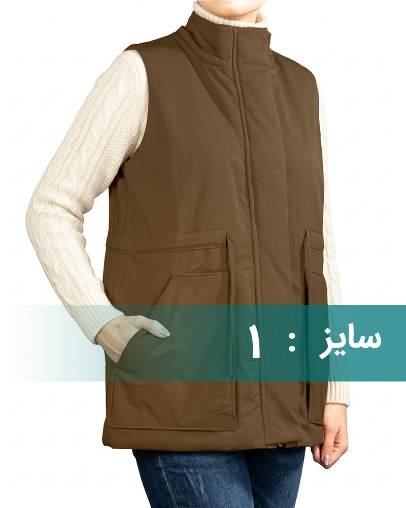پافر میکرو زنانه یقه ایستاده کمربندی 3010 - قهوه‌ای